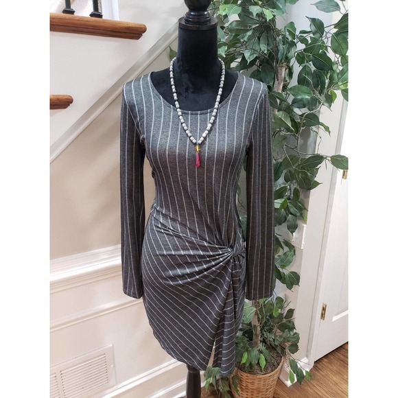 Spring Haze Women Gray Striped Rayon Long Sleeve Round Neck Knee Length Dress S - Picture 12 of 13